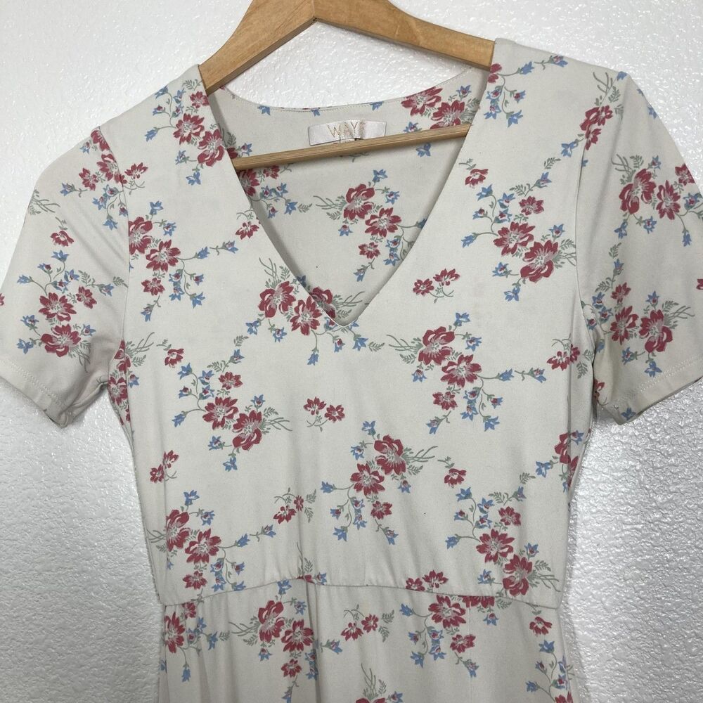 WAYF Cotagge Core Dress Womens XS Cream Floral Maxi Short Sleeve V Neck Stretch - Picture 5 of 15